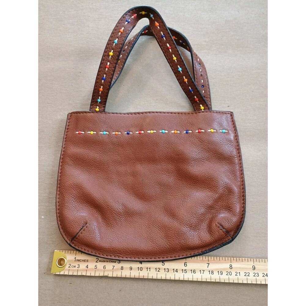 Fossil Small Mini Handbag Purse Tote Brown Leather with Beaded Double Strap - Picture 2 of 4